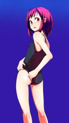 Rule 34 | 1girl, adjusting clothes, adjusting swimsuit, ass, bare shoulders, blue background, blue one-piece swimsuit, blush, breasts, flat ass, from behind, highres, looking back, nose blush, one-piece swimsuit, original, pink hair, red eyes, school swimsuit, shokubai phantom girl, simple background, small breasts, solo, standing, swimsuit, wedgie