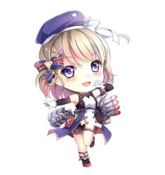 Rule 34 | 1girl, :d, arm warmers, azur lane, beret, bike shorts, black footwear, black shorts, blonde hair, blue hat, blush, chibi, dress, full body, gloves, gyaza, hair ornament, hand to own mouth, hand up, hat, leg up, legwear garter, looking at viewer, open mouth, outstretched arm, purple eyes, rigging, short hair, shorts, sleeveless, sleeveless dress, smile, solo, standing, standing on one leg, white background, white dress, white gloves, z23 (azur lane)