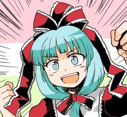 Rule 34 | 1girl, aqua eyes, bow, clenched hands, commentary request, dress, emphasis lines, frilled dress, frills, green hair, hair bow, hair ribbon, hands up, hinamatsuri, kagiyama hina, lace, long hair, open mouth, red dress, ribbon, smile, solo, tako (plastic protein), touhou, upper body