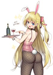 Rule 34 | 1girl, alcohol, animal ears, ass, backless outfit, bare shoulders, bell, black pantyhose, blonde hair, blue eyes, bottle, collar, cork, corkscrew, cup, drinking glass, fake animal ears, fang, fishnet pantyhose, fishnets, from behind, hair ribbon, highres, holding, holding tray, hop3, leotard, long hair, looking at viewer, neck bell, open mouth, original, pantyhose, pink ribbon, playboy bunny, pointing, rabbit ears, ribbon, side ponytail, sidelocks, simple background, solo, standing, tray, twisted torso, very long hair, white background, wine, wine bottle, wine glass, wrist cuffs