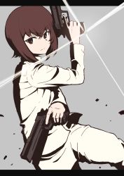 Rule 34 | 1girl, absurdres, action, brown eyes, brown hair, closed mouth, commentary request, diffraction spikes, dual wielding, from side, frown, girls und panzer, grey background, gun, handgun, highres, holding, holding gun, holding weapon, letterboxed, long sleeves, nishizumi maho, oritako, pants, partial commentary, shirt, short hair, simple background, standing, weapon, white pants, white shirt