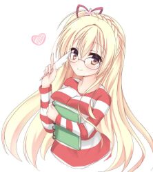 Rule 34 | 1girl, alternate costume, amairo islenauts, blonde hair, blush, braid, breasts, breasts squeezed together, casual, closed mouth, commentary request, crown braid, eyelashes, flower, glasses, hair between eyes, hair flower, hair ornament, hair ribbon, heart, holding, holding notepad, holding pen, igarashi kenji, large breasts, long hair, long sleeves, looking at viewer, notepad, orange eyes, pen, pink flower, red ribbon, ribbon, shirley warwick, shirt, simple background, smile, solo, striped clothes, striped shirt, upper body, very long hair, white background