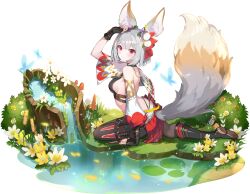 Rule 34 | 1girl, animal ear fluff, animal ears, backless outfit, bare shoulders, black footwear, black shirt, black shorts, black thighhighs, blunt ends, blush, breasts, bug, bush, butterfly, detached sleeves, eversoul, flower, fox ears, fox girl, fox tail, from side, game cg, grey hair, hair ornament, haru (eversoul), highres, insect, knife, light smile, lily pad, looking up, medium breasts, multicolored hair, non-web source, official alternate costume, official alternate hairstyle, official art, outdoors, red eyes, red skirt, shirt, short hair, shorts, sideboob, single sleeve, sitting, skirt, solo, tachi-e, tail, thigh strap, thighhighs, transparent background, tree hollow, two-tone hair, water, white flower, white sleeves, yellow flower
