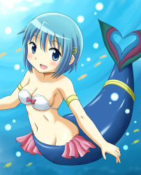 Rule 34 | 10s, 1girl, armband, bandeau, bare shoulders, blue eyes, blue hair, blush, bra, breasts, cleavage, fins, fish tail, hair ornament, hairclip, lingerie, looking at viewer, mahou shoujo madoka magica, mahou shoujo madoka magica (anime), maru takeo, matching hair/eyes, medium breasts, mermaid, miki sayaka, monster girl, open mouth, short hair, smile, solo, spoilers, tail, underwater, underwear