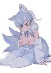 Rule 34 | 1girl, animal ear fluff, animal ears, breasts, commentary, fur collar, green eyes, grey hair, hair between eyes, hand on own chest, highres, japanese clothes, kemono friends, kimono, kimono pull, large breasts, makami (kemono friends), masuyama ryou, multiple tails, nipples, off shoulder, pantyhose, ribbon-trimmed sleeves, ribbon trim, sidelocks, simple background, sitting, smile, solo, tail, white background, white pantyhose, wolf ears, yokozuwari