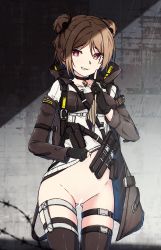 Rule 34 | 1girl, absurdres, bar censor, breasts, buckle, censored, choker, clothes lift, coat, collarbone, double bun, girls&#039; frontline, gloves, grin, groin, hair bun, highres, light brown hair, medium breasts, navel, no panties, p90 (girls&#039; frontline), partially fingerless gloves, pussy, red eyes, shirt lift, short hair, skindentation, smile, snap-fit buckle, solo, thigh strap, thighhighs, xandier59