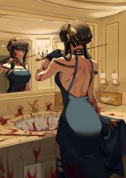 Rule 34 | 1girl, bare shoulders, bathroom, black dress, black hair, blood, blood splatter, breasts, commentary, counter, dagger, dress, earrings, english commentary, faucet, fingerless gloves, gloves, hair ornament, highres, holding, holding weapon, indoors, jewelry, knife, long hair, mirror, mumechi, red eyes, reflection, sidelocks, sink, skirt, solo, spy x family, weapon, yor briar