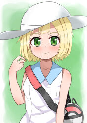 Rule 34 | 1girl, alternate hair length, alternate hairstyle, bag, blonde hair, blush, closed mouth, creatures (company), dress, eyelashes, game freak, green background, green eyes, hand up, hat, highres, lillie (pokemon), looking at viewer, nintendo, orangeir8, pokemon, pokemon sm, short hair, sleeveless, sleeveless dress, smile, solo, white dress, white hat