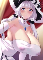 Rule 34 | 1girl, azur lane, blue eyes, blue gemstone, breasts, covered erect nipples, detached collar, dress, elbow gloves, from below, gem, gloves, hanging breasts, hat, highres, huge breasts, illustrious (azur lane), lactation, lactation through clothes, long hair, looking at viewer, solo, strapless, strapless dress, sun hat, wee (weeyy), white dress, white gloves, white hair, white hat