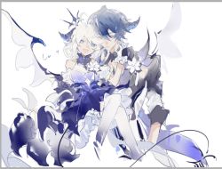 Rule 34 | 1boy, 1girl, blue eyes, blue hair, ciel (elsword), demon girl, demon horns, demon tail, demon wings, dress, elsword, emptiness (elsword), closed eyes, horns, leaning on person, leaning on person, linbai22, looking at viewer, luciela r. sourcream, short hair, sketch, smile, tail, white background, white hair, wings