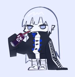 Rule 34 | 1girl, black jacket, blue eyes, can, check copyright, chibi, closed mouth, copyright request, daydremec, drinking, drinking straw, earrings, energy drink, grey background, grey hair, highres, holding, holding can, jacket, jewelry, long hair, original, pointy ears, simple background, sleeves past fingers, sleeves past wrists, socks, solo, standing, white footwear, white socks