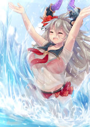 Rule 34 | 1girl, ahoge, arms up, bikini, bikini under clothes, blouse, blue sailor collar, blush, breasts, closed eyes, collarbone, covered navel, draph, dunceneygak, flower, granblue fantasy, hair between eyes, hair flower, hair ornament, hibiscus, highres, horns, large breasts, long hair, neckerchief, open mouth, red bikini, red neckerchief, sailor collar, see-through, shirt, silver hair, smile, solo, splashing, swimsuit, teeth, threo (eternal&#039;s summer vacation) (granblue fantasy), threo (granblue fantasy), very long hair, water, wet, wet clothes, wet shirt, white shirt