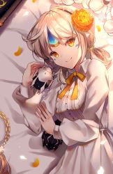 Rule 34 | 1girl, absurdres, alternate costume, alternate hairstyle, bad id, bad pixiv id, collared dress, colorized, dress, elsword, eve (elsword), facial mark, flower, forehead jewel, frills, hair flower, hair ornament, hairband, highres, light, light particles, lium, lying, moby (elsword), on side, remy (elsword), robot, smile, twintails, white hair, yellow eyes