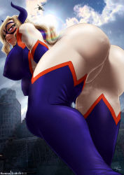 Rule 34 | absurdres, ass, blonde hair, bluewolfartista, bodysuit, boku no hero academia, breasts, highres, large breasts, mount lady, self-upload, thick thighs, thighs, tight clothes