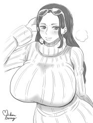 Rule 34 | 1girl, arm behind head, artist name, blush, breasts, eyewear on head, glasses, hair slicked back, hand up, huge breasts, long hair, long sleeves, looking at viewer, mikanberry, monochrome, nico robin, one piece, simple background, smile, solo, sunglasses, sweater, upper body, white background