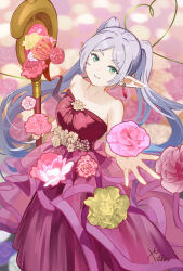 Rule 34 | 1girl, alternate costume, bare shoulders, blurry, blurry background, closed mouth, commentary request, dress, elf, eyelashes, flower, frieren, green eyes, highres, holding, holding staff, parted bangs, pink background, pink flower, pointy ears, red dress, smile, solo, sousou no frieren, staff, strapless, strapless dress, twintails, yanagimachi, yellow flower