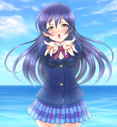 Rule 34 | 10s, 1girl, blazer, blowing kiss, blue hair, bow, bowtie, hair between eyes, half-closed eyes, jacket, long hair, long sleeves, looking at viewer, love live!, love live! school idol project, open mouth, orange eyes, plaid, plaid skirt, pleated skirt, reaching, reaching towards viewer, school uniform, skirt, solo, sonoda umi, striped bow, striped bowtie, striped clothes, striped neckwear, w, wading, water, yoohi