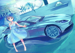 Rule 34 | 1girl, aston martin, aston martin db11, bad id, bad pixiv id, bare arms, bare shoulders, barefoot, blue dress, blue hair, blue theme, breasts, brick wall, car, closed mouth, commentary request, dress, dutch angle, green eyes, highres, indoors, long hair, medium breasts, motor vehicle, original, pigeon-toed, plant, potted plant, reflective floor, sagaradai, sleeveless, sleeveless dress, smile, solo, standing, vehicle focus
