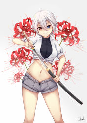 Rule 34 | 1girl, blue eyes, blush, chrisandita, commentary, english commentary, flower, grey background, grey shorts, grin, hair between eyes, heterochromia, holding, holding sheath, holding sword, holding weapon, katana, looking at viewer, midriff, navel, original, puffy short sleeves, puffy sleeves, red eyes, red flower, sheath, shirt, short shorts, short sleeves, shorts, signature, simple background, smile, solo, sword, tied shirt, unsheathing, v-shaped eyebrows, weapon, white shirt