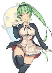 Rule 34 | 1girl, azur lane, black jacket, black thighhighs, blue neckerchief, blush, bow, breasts, collared shirt, gloves, green hair, hair between eyes, hair bow, impossible clothes, jacket, kureha (ironika), large breasts, long hair, long sleeves, looking at viewer, neckerchief, one eye closed, open mouth, ponytail, ribbon, shirt, shropshire (azur lane), skirt, smile, standing, standing on one leg, thighhighs, very long hair, white background, white gloves, white shirt, white skirt, yellow eyes