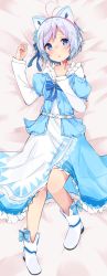 Rule 34 | .live, 1girl, absurdres, animal ears, antenna hair, bed sheet, blue eyes, blush, boots, bow, cat ears, commentary request, doorknoble, dress, fake animal ears, highres, long sleeves, looking at viewer, lying, nose blush, on back, on bed, open mouth, short hair, dennou shoujo siro, solo, virtual youtuber