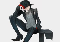 Rule 34 | 1boy, amamiya ren, black coat, black eyes, black footwear, black hair, black pants, closed mouth, coat, gloves, grey background, hand in pocket, high collar, highres, holding, holding mask, invisible chair, long sleeves, male focus, mask, open clothes, open coat, pants, persona, persona 5, red gloves, simple background, sitting, solo, white mask, wl8tca