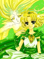 Rule 34 | 1990s (style), 2girls, armband, bad id, bad pixiv id, blonde hair, breasts, cape, cardcaptor sakura, colored skin, creator connection, crossover, extra, fukujaku, green background, green eyes, green theme, hououji fuu, long hair, magic knight rayearth, multiple girls, official alternate costume, retro artstyle, short hair, simple background, smile, windy (clow card), wings, wrist cuffs, yellow eyes, yellow skin