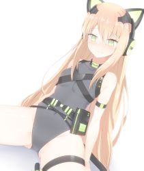 Rule 34 | 1girl, @ @, animal ears, arm strap, arm support, bare shoulders, belt, black leotard, blush, bow, breasts, cat ears, cat tail, character name, clothes writing, covered navel, dutch angle, fake animal ears, frown, girls&#039; frontline, gluteal fold, green bow, green eyes, headphones, highres, leaning back, leotard, long hair, nanju bami, nose blush, orange hair, simple background, sitting, small breasts, solo, spread legs, tail, tail bow, tail ornament, thigh strap, tmp (girls&#039; frontline), very long hair, wavy mouth, white background
