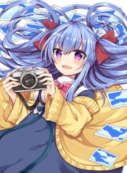 Rule 34 | 1girl, :d, blue bow, blue dress, blue hair, blue ribbon, blue sky, blush, bow, breasts, brown jacket, camera, cloud, commentary request, dress, fang, hair between eyes, hair bow, holding, holding camera, jacket, long hair, long sleeves, lying, maki soutoki, off shoulder, on back, open clothes, open jacket, open mouth, original, photo (object), pink bow, purple eyes, red bow, ribbon, shirt, sky, sleeveless, sleeveless shirt, small breasts, smile, solo, two side up, very long hair, white background, white shirt