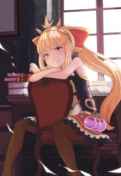 Rule 34 | 10s, 1girl, absurdres, alternate hairstyle, atg (wttoo0202), black pantyhose, blonde hair, blunt bangs, blush, book, book stack, bow, cagliostro (granblue fantasy), chair, closed mouth, crown, granblue fantasy, hair bow, highres, indoors, long hair, looking at viewer, pantyhose, ponytail, purple eyes, red bow, revision, sidelocks, sitting, sitting backwards, sleeveless, smile, solo, vial, window