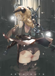 Rule 34 | 1girl, absurdres, arknights, ass, black gloves, black shorts, black thighhighs, blonde hair, chinese commentary, commentary request, copyright name, demon horns, elbow gloves, from behind, gloves, grey background, grey sweater, gun, highres, holding, holding gun, holding weapon, horns, light particles, long hair, looking at viewer, looking back, meteorite (arknights), parted lips, shorts, solo, sweater, thighhighs, thighs, torn clothes, torn thighhighs, weapon, zygocactus