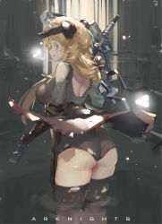 1girl absurdres arknights ass black_gloves black_shorts black_thighhighs blonde_hair chinese_commentary commentary_request copyright_name demon_horns elbow_gloves from_behind gloves grey_background grey_sweater gun highres holding holding_gun holding_weapon horns light_particles long_hair looking_at_viewer looking_back meteorite_(arknights) parted_lips shorts solo sweater thighhighs thighs torn_clothes torn_thighhighs weapon zygocactus