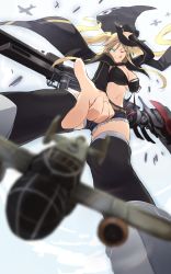 Rule 34 | 1girl, ;q, aircraft, airplane, azur lane, b-25 mitchell, belt, bikini, bikini top only, black bikini, black shorts, blonde hair, blurry, bomber, breasts, cape, cowboy hat, cutoffs, depth of field, flight deck, foreshortening, ganesagi, green eyes, hat, highres, hornet (azur lane), large breasts, long hair, long sleeves, machinery, midriff, military, military vehicle, navel, one eye closed, over-kneehighs, short shorts, shorts, shrug (clothing), sidelocks, sleeves past wrists, smile, solo, stomach, swimsuit, thighhighs, tongue, tongue out, twintails, very long hair, white thighhighs