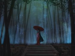 Rule 34 | 1girl, absurdly long hair, bamboo, bamboo forest, black hair, blurry, depth of field, forest, grass, highres, hime cut, holding, holding umbrella, houraisan kaguya, long hair, long skirt, long sleeves, looking at viewer, looking to the side, maroon skirt, nature, night, oil-paper umbrella, petals, pink shirt, red eyes, sarena, shirt, skirt, smile, solo, stairs, touhou, umbrella, very long hair, wide sleeves, wind
