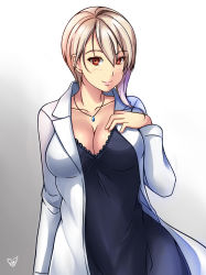 Rule 34 | 1girl, breasts, cleavage, hand on own chest, highres, jewelry, lab coat, large breasts, nakiri alice, necklace, nightgown, red eyes, shokugeki no souma, short hair, signature, silver hair, solo
