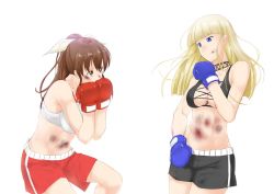 Rule 34 | 2girls, blonde hair, blood, blue eyes, blush, bow, boxing, boxing gloves, boxing shorts, breasts, brown hair, bruise, gloves, hair bow, in the face, injury, long hair, multiple girls, niwatazumi, original, ryona, short hair, shorts, simple background, sweat, white background