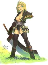 Rule 34 | 1girl, blonde hair, boots, breasts, cleavage, crown, fantasy earth zero, fbc, green eyes, open clothes, open shirt, shirt, solo, sword, thighhighs, weapon