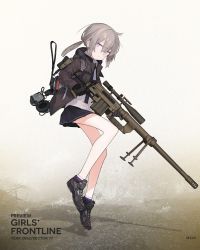 Rule 34 | 1girl, astg, backpack, bag, bolt action, cheytac m200, commentary, full body, girls&#039; frontline, gloves, gun, headphones, highres, holding, holding gun, holding weapon, jacket, m200 (girls&#039; frontline), official art, open clothes, open jacket, ponytail, purple eyes, rifle, shoes, silver hair, simple background, skirt, sneakers, sniper rifle, socks, solo, weapon