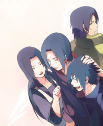 Rule 34 | 1girl, 3boys, :d, age difference, apron, blue hair, brothers, closed eyes, family, father and son, happy, husband and wife, long hair, mother and son, multiple boys, naruto, naruto (series), oba-min, open mouth, short hair, siblings, smile, uchiha fugaku, uchiha itachi, uchiha mikoto, uchiha sasuke