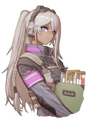 Rule 34 | 1girl, armor, braid, cheogtanbyeong, closed mouth, commentary, dark-skinned female, dark skin, expressionless, girls&#039; frontline, girls&#039; frontline 2: exilium, grey hair, hair between eyes, headphones, headset, highres, holding, long hair, long sleeves, looking at viewer, military, military uniform, nemesis (girls&#039; frontline 2), ponytail, purple eyes, solo, tactical clothes, uniform, upper body, walkie-talkie, white background