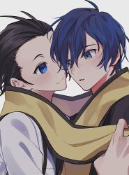 Rule 34 | 2boys, black hair, blue eyes, blue hair, blush, closed mouth, elulit2, face-to-face, grey eyes, hair slicked back, highres, holding, holding clothes, holding scarf, looking at another, male focus, mochizuki ryouji, multiple boys, parted lips, persona, persona 3, scarf, shared clothes, shared scarf, short hair, simple background, smile, white background, yaoi, yellow scarf, yuuki makoto (persona 3)