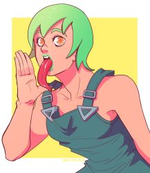 Rule 34 | 1girl, artist name, border, foo fighters (jojo), green hair, hand up, herzspalter, highres, jojo no kimyou na bouken, long tongue, looking at viewer, orange eyes, shadow, short hair, simple background, solo, stone ocean, tongue, tongue out, upper body, white border, yellow background