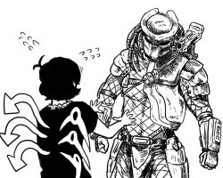 Rule 34 | 1boy, 1girl, armor, chanta (ayatakaoisii), clenched hands, crossover, dreadlocks, fishnets, flying sweatdrops, greyscale, helmet, houjuu nue, looking at another, mask, monochrome, pauldrons, pouch, predator (1987), predator (character), predator (series), scared, shirt, short hair, shoulder armor, shoulder cannon, simple background, standing, touhou, white background, wings