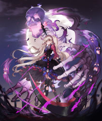 Rule 34 | 1girl, black dress, black gloves, black thighhighs, blonde hair, breasts, commentary, dress, frills, frown, full body, ghost, gloves, headdress, highres, holding, holding scythe, holding weapon, long hair, long sleeves, looking at viewer, magic, medium breasts, moon, night, night sky, original, outdoors, parted lips, peach luo, red dress, red eyes, red footwear, scythe, sharp teeth, shoes, skeleton, skull, sky, solo, standing, symbol-only commentary, teeth, thighhighs, torn clothes, torn thighhighs, two side up, very long hair, weapon