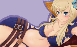 Rule 34 | 1girl, blonde hair, blue eyes, blush, boku wa tomodachi ga sukunai, breasts, butterfly, butterfly hair ornament, cape, cleavage, cosplay, leblanc (league of legends), forscience, hair ornament, highres, huge breasts, kashiwazaki sena, league of legends, lipstick, long hair, lying, makeup, navel, skin tight, solo
