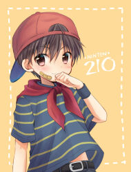 Rule 34 | 1boy, backwards hat, bandaid, bandaid on cheek, bandaid on face, baseball cap, belt, belt buckle, black belt, black hair, blue shirt, blue wristband, blush, brown eyes, buckle, chana gon, character name, closed mouth, commentary request, hair between eyes, hand up, hat, looking at viewer, male focus, mother (game), mother 1, neckerchief, ninten, nintendo, red hat, red neckerchief, shirt, short hair, short sleeves, simple background, smile, solo, striped clothes, striped shirt, t-shirt, two-tone shirt, wristband, yellow background, yellow shirt