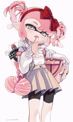Rule 34 | 1girl, amezawa koma, black shorts, bow, bow hairband, bucket, dress, green eyes, grey dress, hairband, head tilt, highres, holding, holding bucket, hood, hoodie, ink tank (splatoon), inkling, inkling girl, inkling player character, licking, licking finger, long sleeves, looking at viewer, looking down, nintendo, pink hair, red bow, short dress, short hair, shorts, simple background, solo, splatoon (series), splatoon 2, standing, tentacle hair, tongue, tongue out, twintails, twitter username, water balloon, white background, white hoodie
