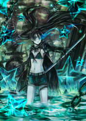 Rule 34 | 1girl, absurdres, arm behind back, belt, bikini, bikini top only, black bikini, black coat, black hair, black rock shooter, black rock shooter (character), black shorts, blue eyes, chain, coat, flaming eye, floating hair, front-tie bikini top, front-tie top, hair between eyes, highres, holding, holding sword, holding weapon, long sword, midriff, navel, open mouth, purple eyes, scar, short shorts, shorts, solo, standing, star (symbol), stomach, swimsuit, sword, twintails, unzipped, wading, weapon