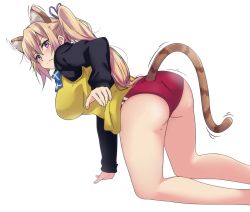 Rule 34 | &gt;:(, 10s, 1girl, all fours, angry, animal ears, ass, bare legs, black shirt, blonde hair, blue bow, blue bowtie, blush, bow, bowtie, breasts, buruma, cat ears, clothing cutout, ear wiggle, from behind, frown, hair between eyes, kawakami mai, kemonomimi mode, large breasts, legs apart, long hair, long sleeves, looking at viewer, mole, mole under eye, musaigen no phantom world, purple eyes, purple ribbon, ribbon, sbel02, shirt, side ponytail, simple background, solo, sweatdrop, sweater vest, tail, tail through clothes, tail wagging, tsurime, v-shaped eyebrows, white background