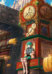 Rule 34 | 1girl, aircraft, akari botan, aqua hair, aqua shorts, building, city, clock, clock tower, day, earrings, eating, gem, green gemstone, highres, holding food, holding popsicle, jewelry, joints, layered sleeves, long sleeves, looking at viewer, mechanical arms, mechanical legs, original, outdoors, popsicle, red eyes, robot, robot joints, scenery, science fiction, short hair, short over long sleeves, short sleeves, shorts, single mechanical arm, sitting, sky, solo, tower, traditional media, tube, under bridge